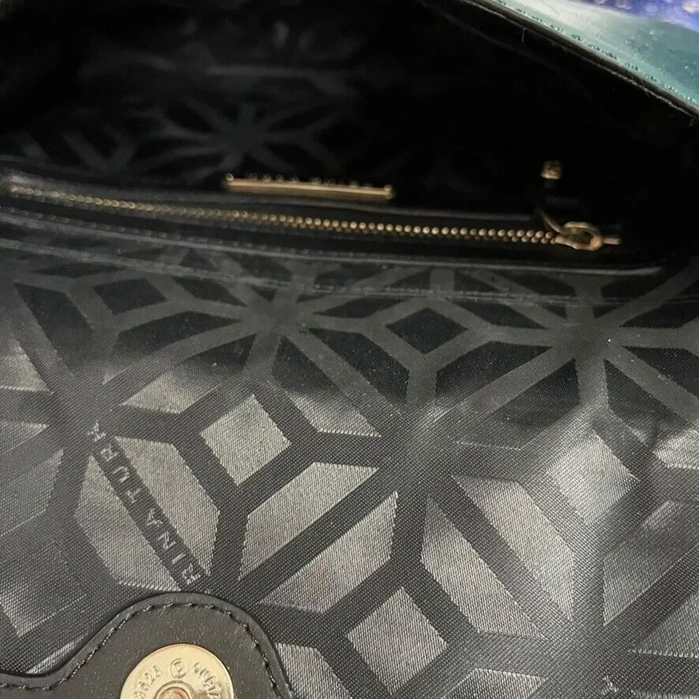 Trina Turk Womens Leather Handbag Teal Snakeskin Purse Flap Pocket Silver Gold